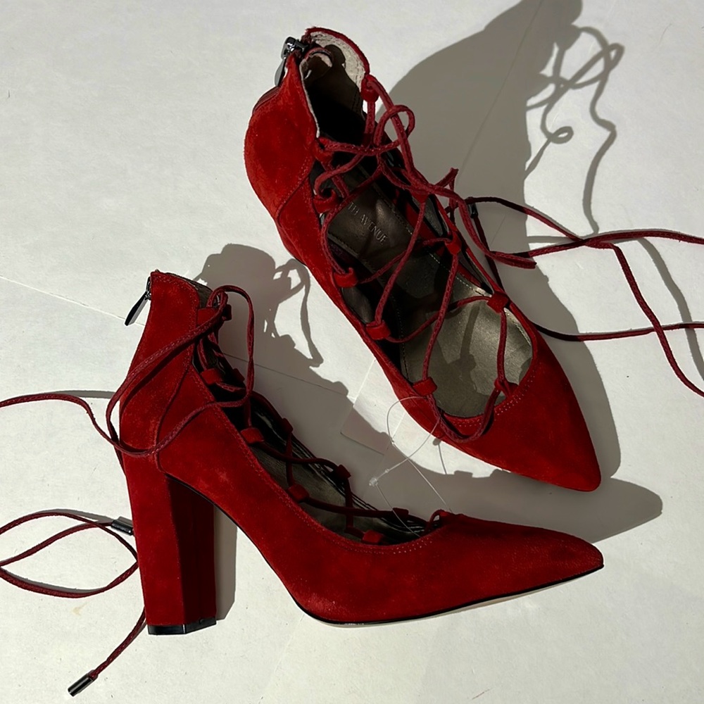 Saks Fifth Avenue leather strappy suede heels red sz 8 shoes pumps